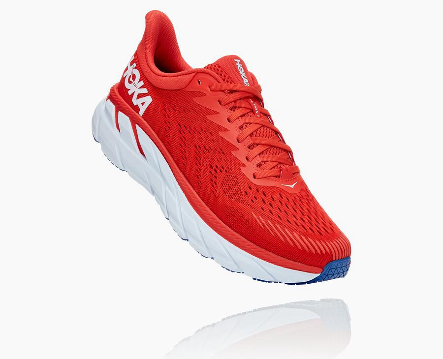 Running Shoes Mens - Hoka One One Clifton 7 - Red/White - JWSLBHD-51